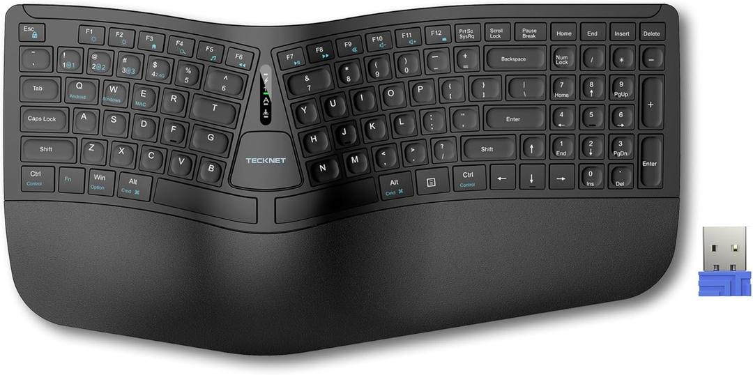 TECKNET Wireless Ergonomic Keyboard Rechargeable, 2.4G+Bluetooth Ergo Cordless USB Computer Keyboard, Wrist Rest, Natural Typing, Stain-Resistant Fabric, Compatible For Windows Computer Desktop Laptop (109 Keys, black)