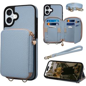 Keallce Case for iPhone 16 6.1'' Case Wallet, Crossbody Zipper Purse with RFID Blocking Card Slots Kickstand, Detachable Lanyard & Handstrap Flip Folio Leather iPhone Cover for iPhone 16, Blue