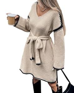 Fall Sweater Dresses for Women 2025 with Belt, Oversized Long Sleeve V Neck Knee Length A Line Color Block Knit Dress, Apricot, Small