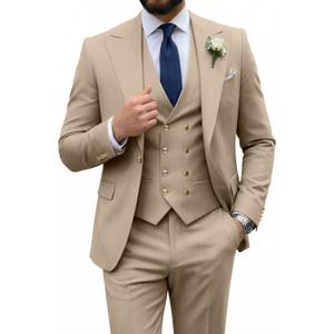 Mens Suit 3 Piece Double Breasted Suit Men Slim Fit Formal Tuxedo Suit Set Groomsmen Wedding Prom Suits (Champagne) 3X-Large