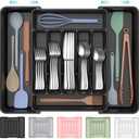 ukeetap Extra Large Expandable Silverware Organizer, BPA-Free Food-Safe Cutlery Flatware Organizer, Kitchen Utensil Drawer Organizer, Adjustable Silverware Holder for Spoons Forks Knives, Black