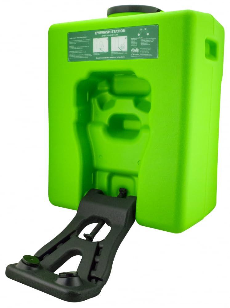 SAS Safety Corp Eyewash Station. 9.65 Gallon Capacity. Green Color. Portable Gravity Fed. Lockable Cap. Portable Unit Measures 20.15" x 16.5" x 9.5". (5134-00)