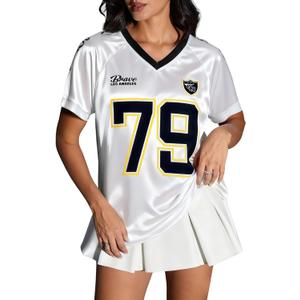 Football Jersey Women V-Neck Game Day Shirt Football Team Fans T Shirts Striped Graphic Tee Casual Short Sleeve Top (L)