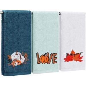 3 Pcs Fall Thanksgiving Hand Towels Embroidered Pumpkin Maple Leaf Bathroom Towels for Fall Bathroom Kitchen Decor Thanksgiving Gift, 29.5 x 13.8 Inch(Dark Blue, Light Blue, White)