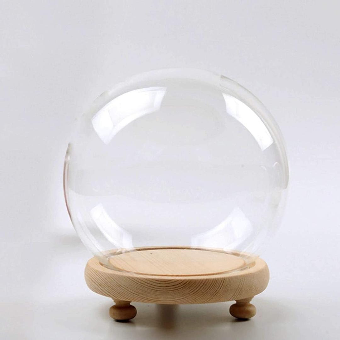 Round Glass Cloche Ball Jar Dome Tabletop Display with Wooden Base Diameter 4.7 Inches