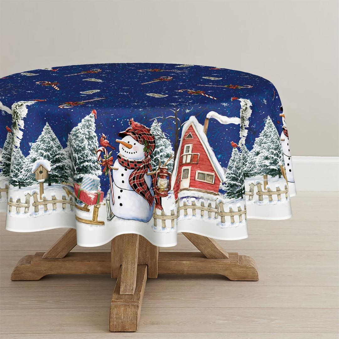 Horaldaily Christmas Tablecloth 6060 Inch Round, Winter Snowman House Christmas Trees Blue Washable Table Cover for Party Picnic Dinner Decor