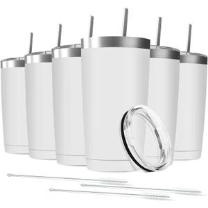 20oz Tumbler Vacuum Insulated Travel Mug with Lids, Stainless Steel Double Wall Bulk Cup for Home, Office, Outdoor Suitable for Vehicle Cup Holders(Set of 6, White)
