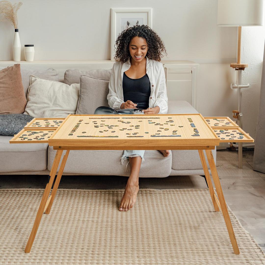 TEAKMAMA 27.6” Tall Wood Puzzle Table- 1500 Pieces Folding Puzzle Board with Drawers & Cover, 34.1” x 26.2” Large Jigsaw Puzzle Board Warm for Adults and Kids