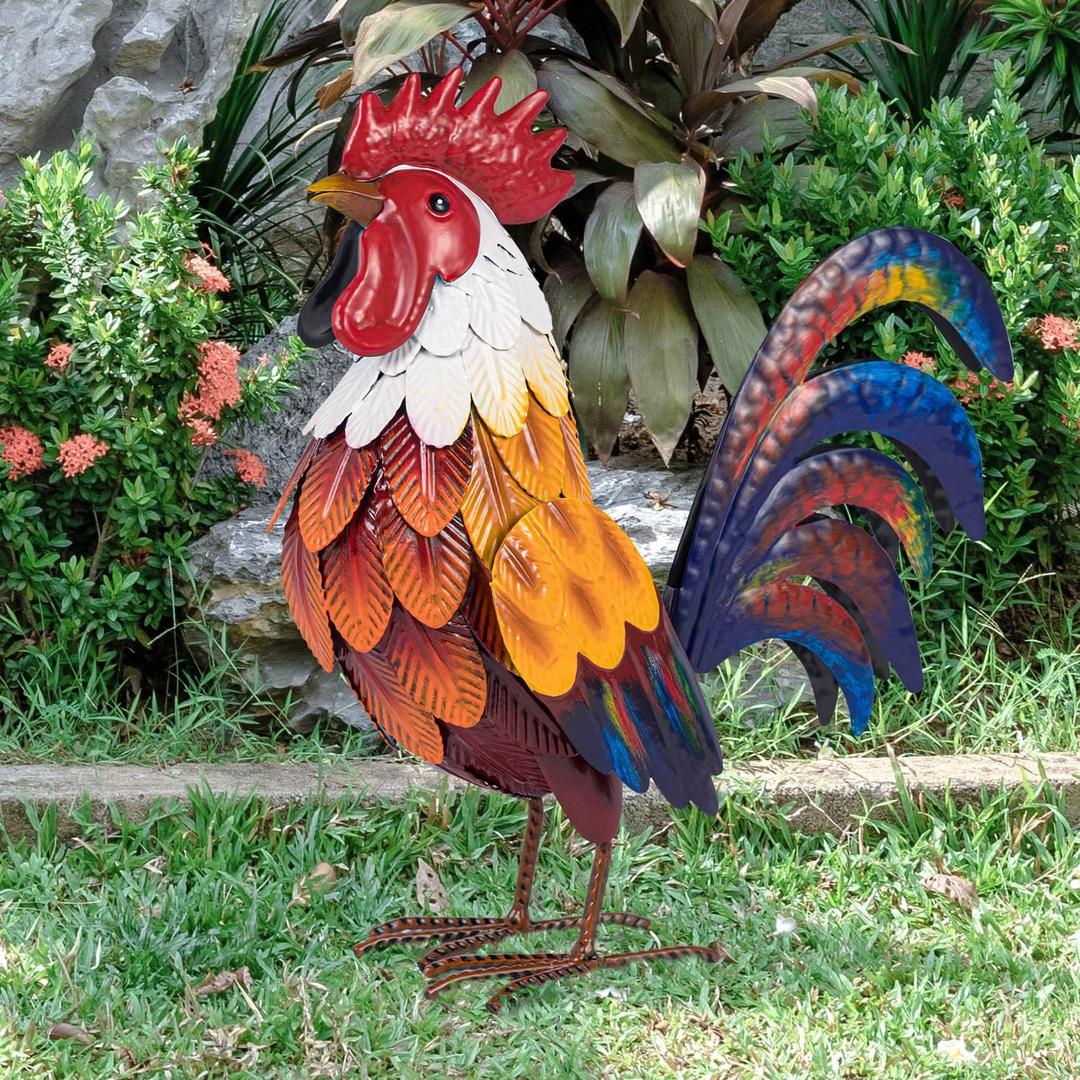 Natelf Metal Rooster Garden Statues & Sculptures, Chicken Yard Art Decor Standing Animal Lawn Ornament for Backyard Patio Kitchen Decorations (Yellow24211s)