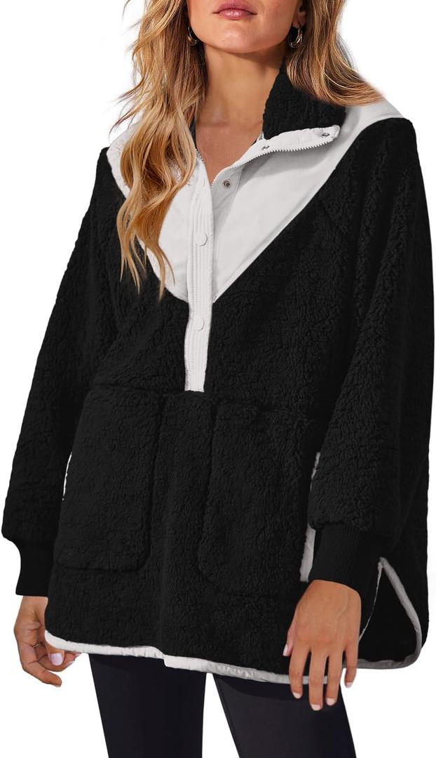 Panadila Womens Half Snap Fleece Pullover Oversized Fuzzy Sweatshirt with Pockets Trendy Warm Sherpa Sweater (Medium, Black)