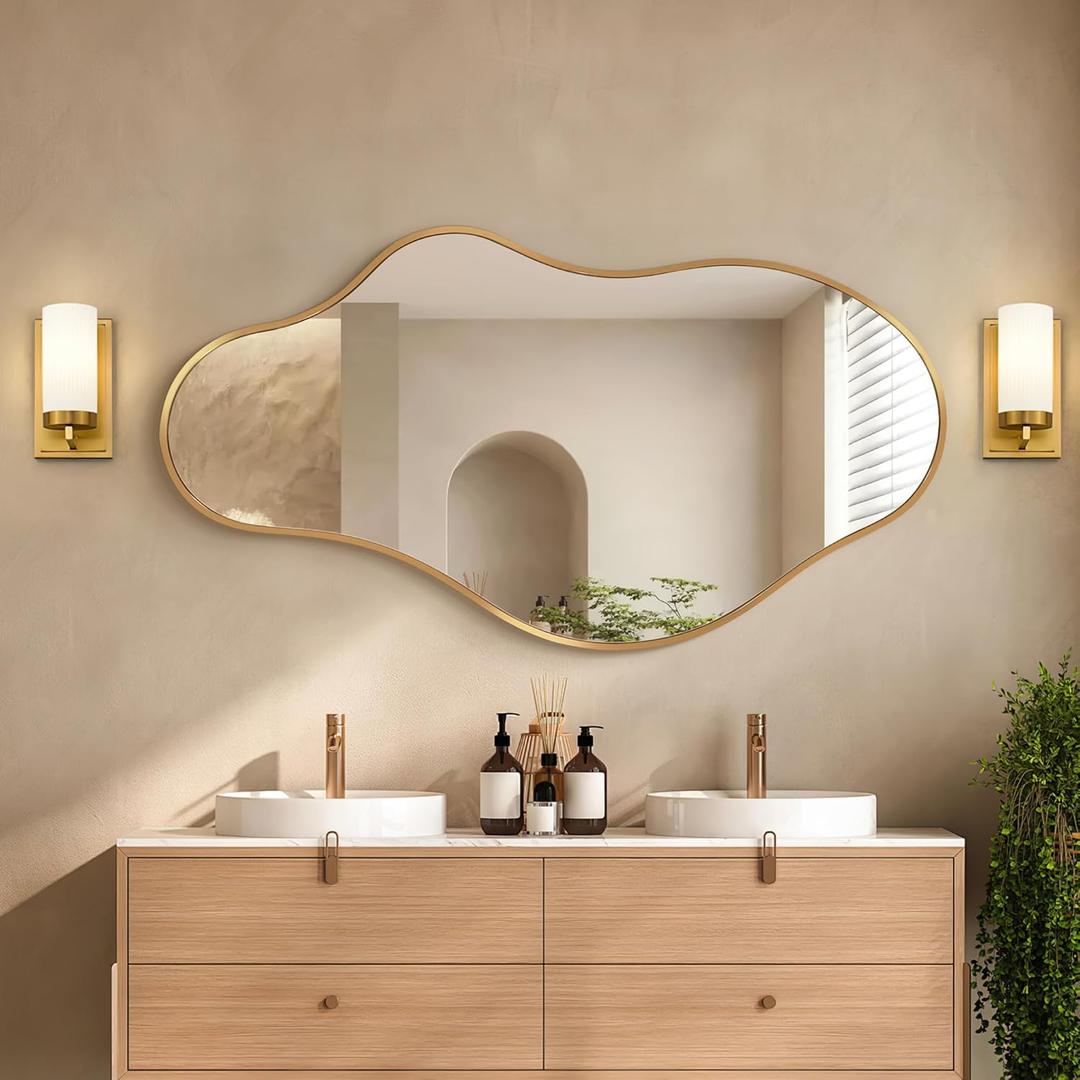 Irregular Wall Mirror, 20"x36" Gold Abstract Asymmetrical Mirrors for Wall, Decorative Cloud Wavy Mirror for Bathroom, Bedroom, Cloakroom, Entryway, Shatter-Proof Aluminum Alloy Frame