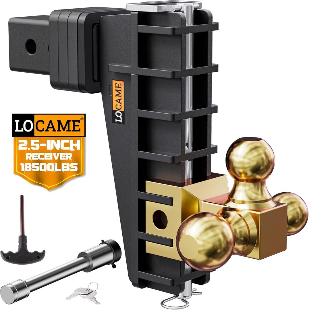 LOCAME Adjustable Trailer Hitch, Tri-Ball(1-7/8'', 2'', 2-5/16''), Fits 2.5 Inch Receiver, 8 Inch Drop Hitch, 18,500 LBS GTW, Heavy Duty Trailer Hitch for Truck, Gold, LC0083