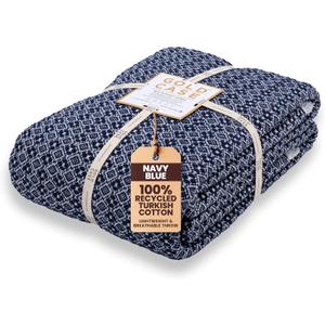 Gold Case Throw Blanket for Bed - 100% Recycled Turkish Cotton Blanket - Retro Lightweight Soft Throw Blankets for Bed & Living Room - Queen Size Cozy Blankets - 90x90 - Navy Blue