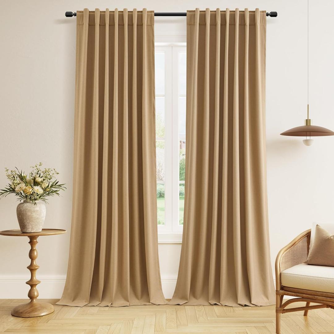 Guken 100% Blackout Linen Curtains 84 Inch Length 2 Panels Set for Living Room Bedroom Back Tab Thermal Insulated Black Out Linen Drapes Room Darkening Window Curtains 84 Inches Long,Camel Brown
