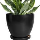 Ceramic Pots for Plants - 6 Inch Plant Pot with Drainage Hole and Saucer, Succulent Round Flower Planters for Indoor, Home Decor, Black