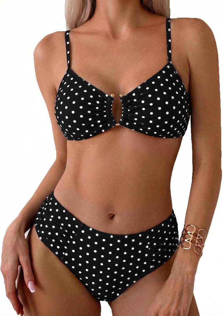 Fanuerg Women's Ruched Bikini Sets U-Wire Linked Two Piece Swimsuit Mid Waist 2025 Swim Bathing Suit, Large