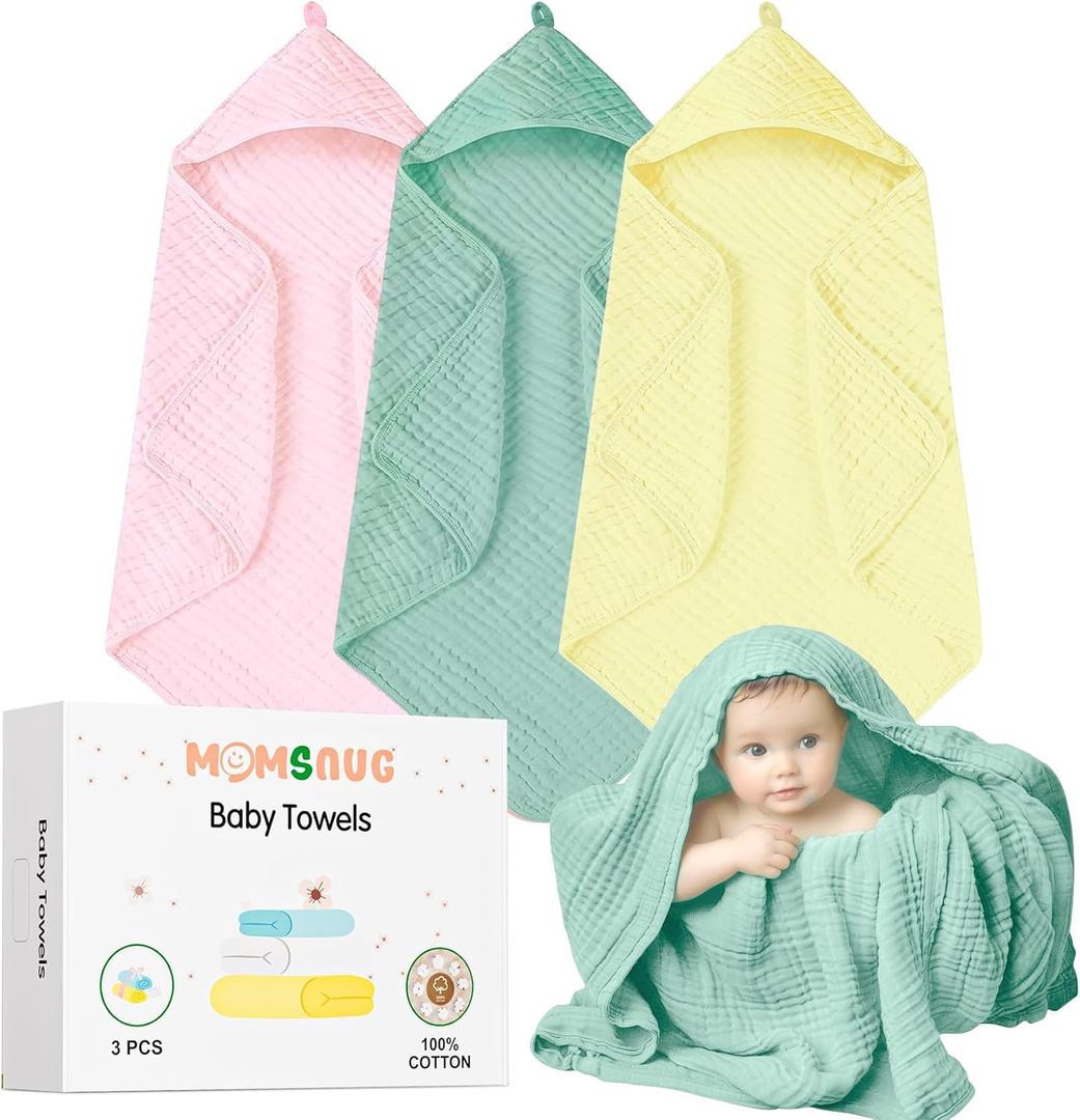 Muslin Hooded Baby Bath Towel Set 3 Pack, Muslin Cotton Baby Towels with Hood for Newborn, Baby Beach Towels for Boy, Girl, Babies, Infant, Toddler and Kids (35 X 35 Inch)(Light Green + Pink + Yellow)