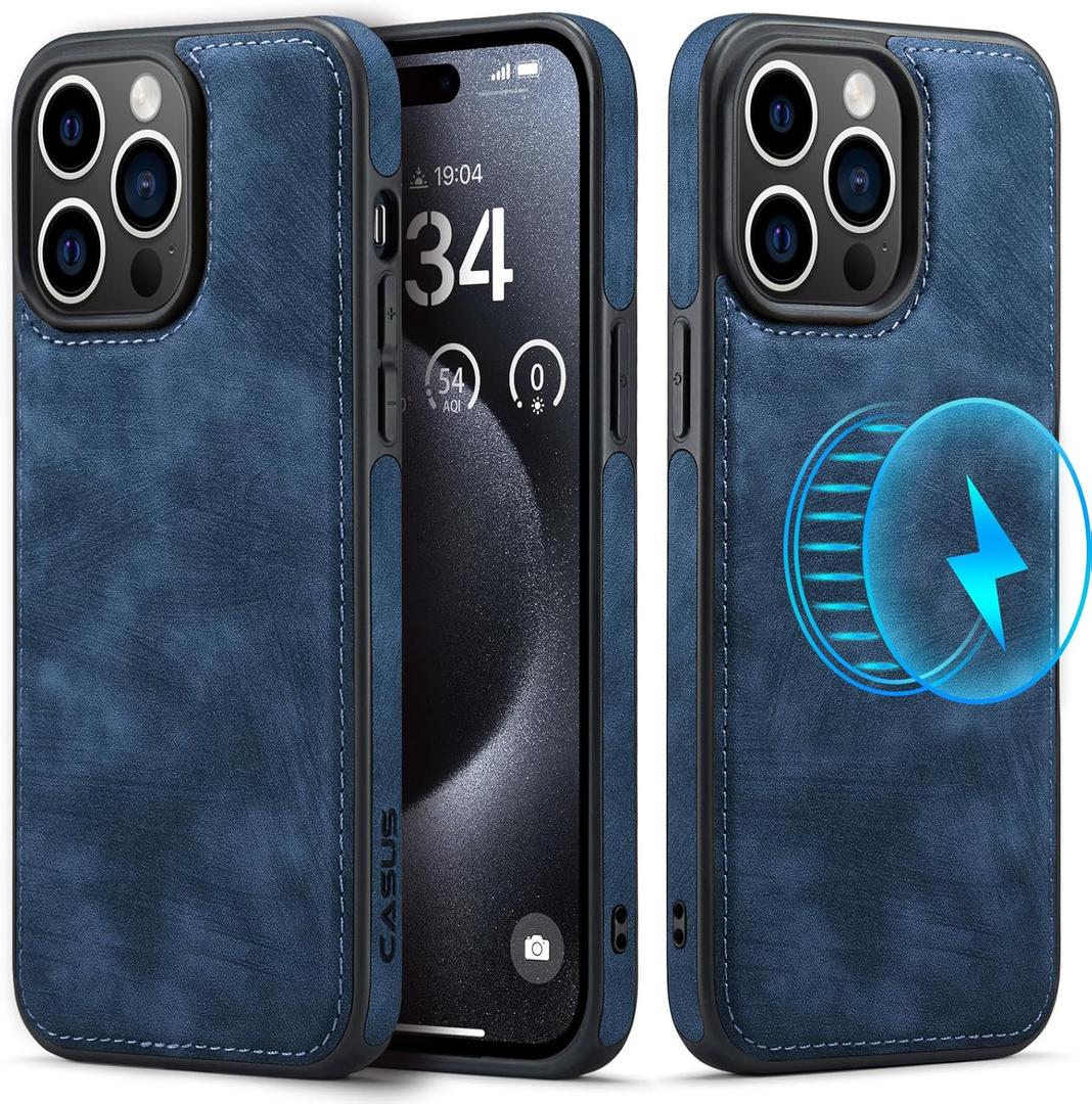 Casus Designed for iPhone15 Pro Case Compatible with MagSafe Leather Slim Luxury Elegant Thin Protective Cover (2023) 6.1" - Blue