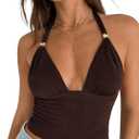 Milumia Women's Metal Deep V Neck Halter Top Sexy Backless Slim Fit Party Crop Tops (Brown, M)