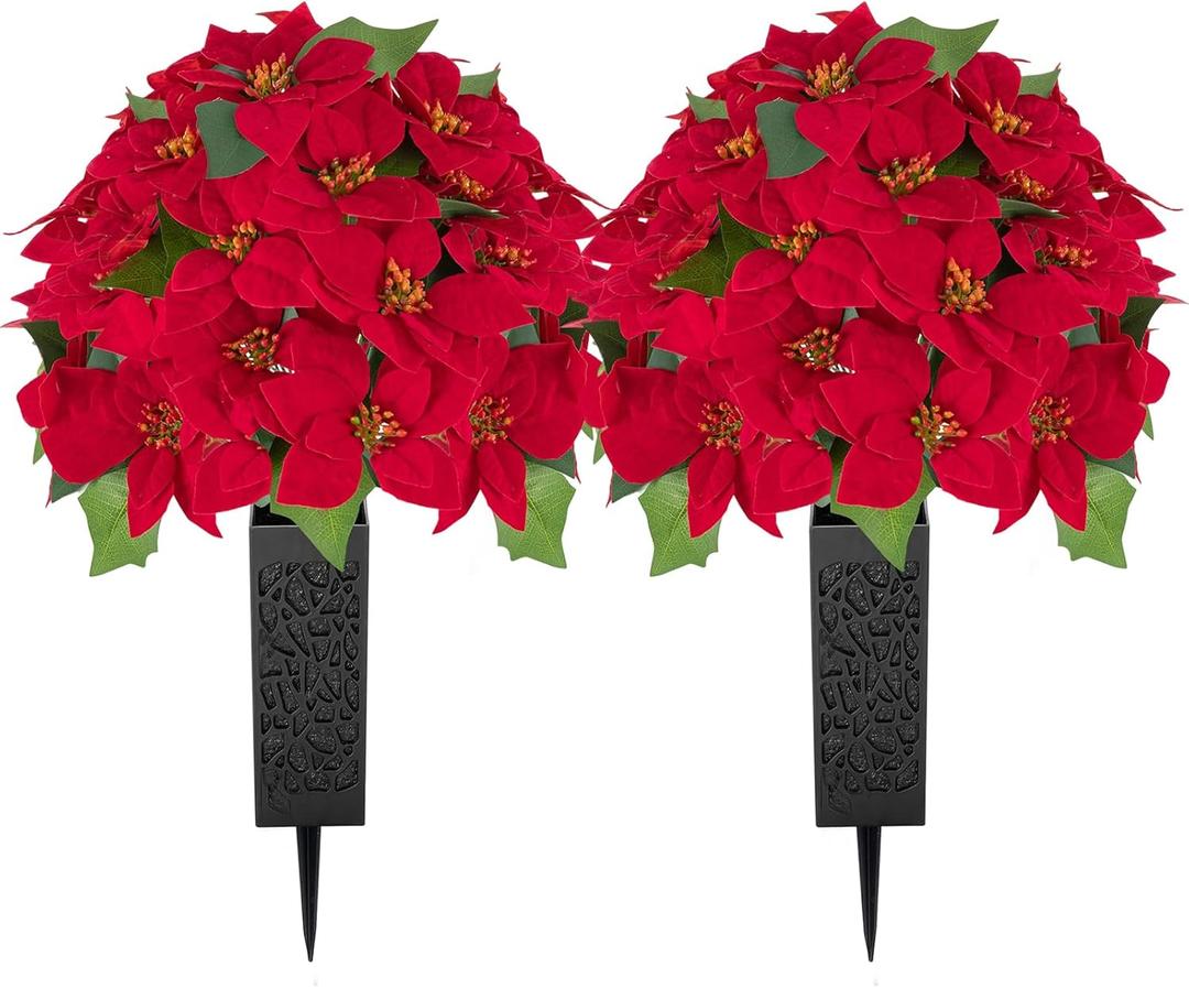 Christmas Cemetery Flowers for Grave: 2 Pcs Artificial 24 Heads Large Red Velvet Poinsettia Bouquets with Vases for Outdoor Grave Decorations