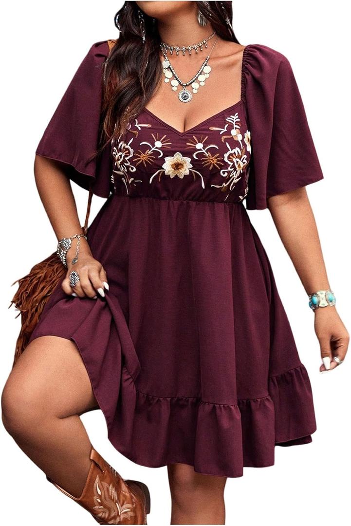 Verdusa Women's Plus Size Western Boho Floral Flowy Dress Cowgirl Outfits Country Summer A Line Dresses S-4XL (Burgundy)