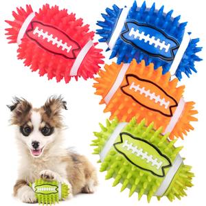 4.3 Dog Squeaky Football Toys 4 Pack, Interactive and Durable Spiky Dog Balls for Medium Large Dogs with Rugby Shape, Built-in Squeaker for Teeth Cleaning and Training