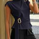 PRETTYGARDEN Women Blouses Spring Dressy Cap Sleeve Mock Neck Work Shirts Buckle Tunic Summer Business Casual Tops 2026, S