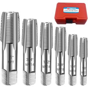 6-Piece NPT Pipe Tap Set, 1", 3/4", 1/2", 3/8", 1/4", 1/8" NPT Tap Set, Carbon Steel Hand Threading Plumbing Tap Set for Accurate Threads, Assorted Plumbers Mechanics DIY Thread cutting tools