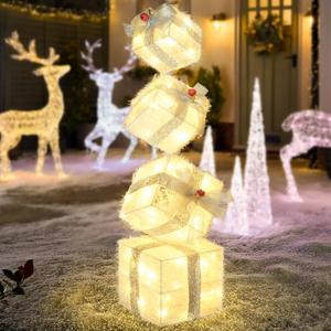 Christmas Lighted Gift Boxes Decorations Set of 4, 3.6Ft Stackable Christmas Nesting Boxes Battery Operated for Home and Party Decoration (10"-8"-6"-5", Silver Bow)