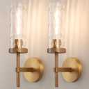 vookea 15" Knurled Brass Wall Sconces Set of 2, Gold Bathroom Vanity Light Fixtures with Water Ripples Glass Tube, Modern Lamp Lighting for Bedroom, Living Room, Hallway, Staircase, Mirror, Kitchen