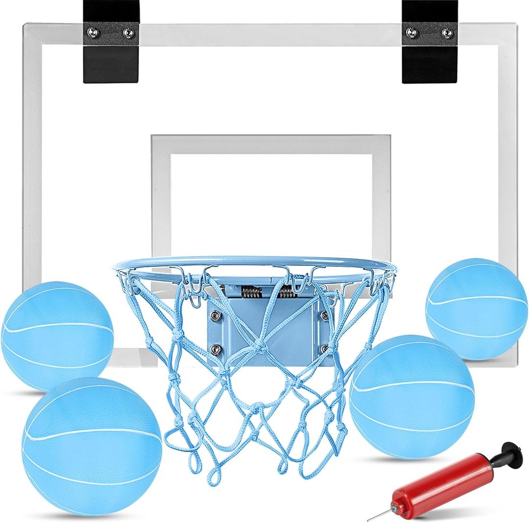 ropoda Mini Basketball Hoop - Glow in The Dark, Over The Door Basketball Hoop Indoor, Indoor Basketball Hoop Backboards for Teens and Adults, Mini Hoop for Kids with 4 Balls and Pump(Blue)