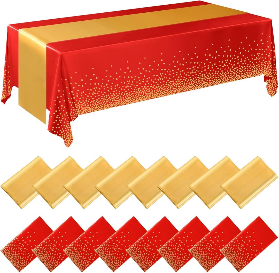 Tudomro 16 Pcs Red and Gold Disposable Plastic Tablecloths and Satin Table Runner Set 54x108 Inch Tablecloth 12x108 Inch Table Runners for New Year Wedding Birthday Baby Shower Graduation