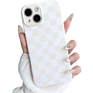 MINSCOSE for iPhone 15 Case Aesthetic Checkered Plaid Checkerboard Design Pattern ,Trendy Slim TPU Shockproof Protective Full Camera Protection Phone Cover-White