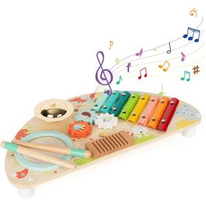Baby Toys Musical Instruments, Rundad All-in-one Wooden Montessori Musical Set for 1&2Y (Includes Xylophone Drum Cymbal Guiro Gears), Gifts for 1+ Year Old Girl Preschool