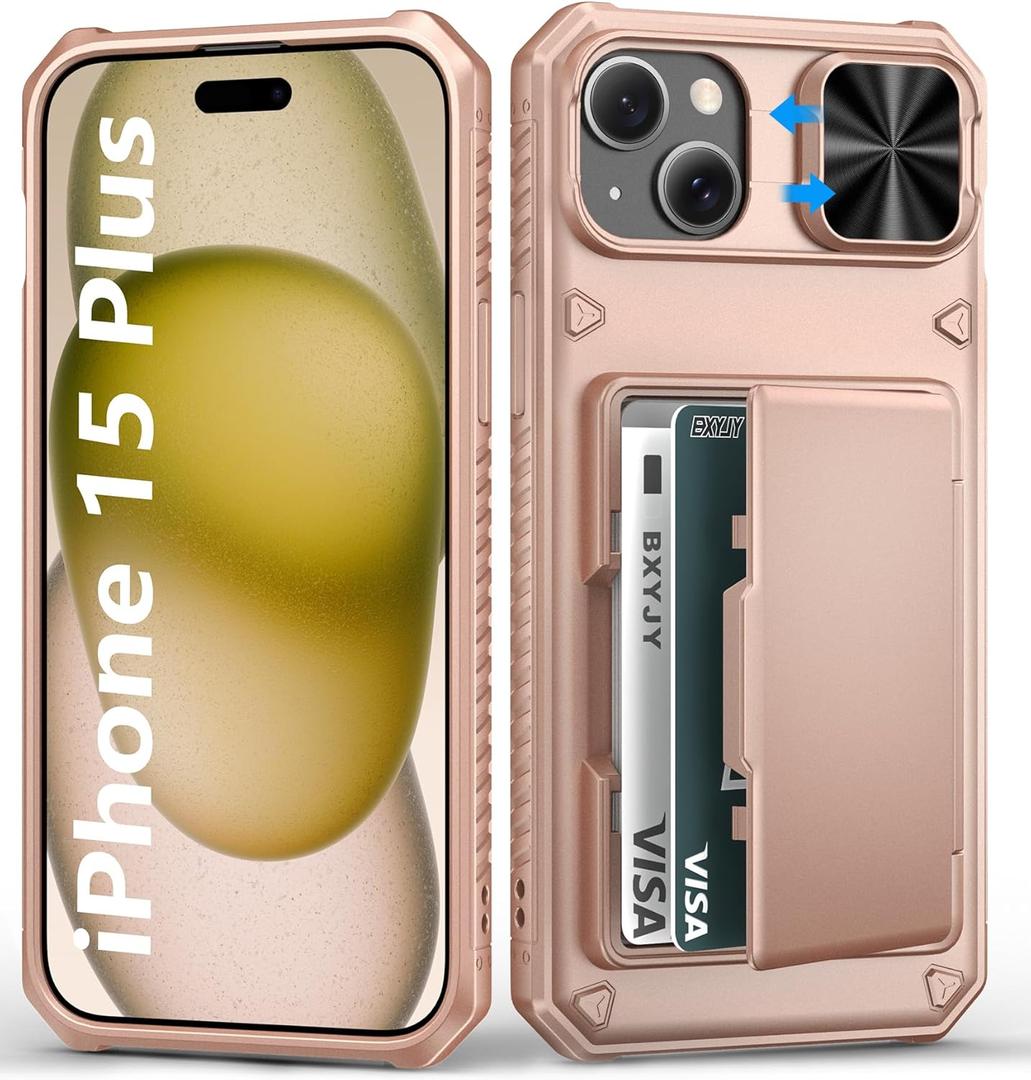 for iPhone 15 Plus & iPhone 14 Plus Wallet Case, Built-in Card Holder(4-5 Cards), Slide Camera Cover, Military Grade & RFID Protection, Rugged Phone Case for iPhone 15 Plus/14 Plus, Rose Gold