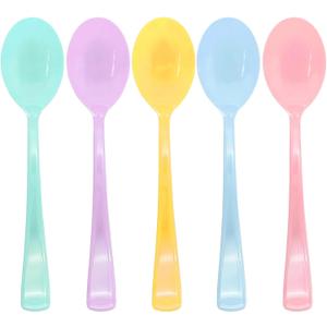 50 Pcs Pastel Plastic Spoon Heavy Duty 5 Macaron Colors Includes Pink, Blue, Yellow, Teal, Purple, Iridescent Silverware Pastel Disposable Silverware for Birthday, Garden Party, Baby Shower,Easter
