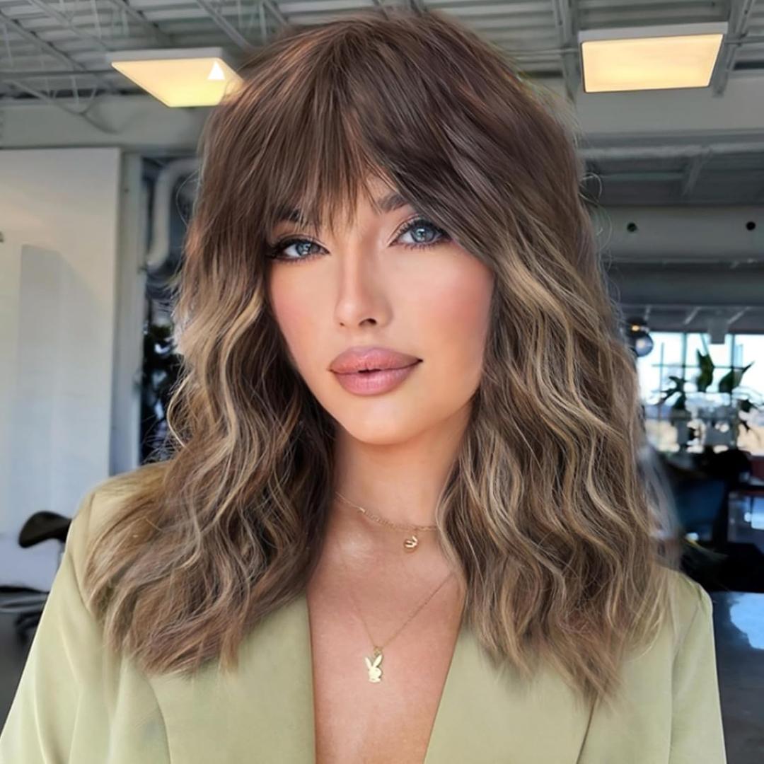 Brown Curly Bob Wig with Bangs Short Wavy Brown mix Blonde Highlight Wigs for Women Lob Haircut Synthetic Heat Resistant Bob Wigs 14IN