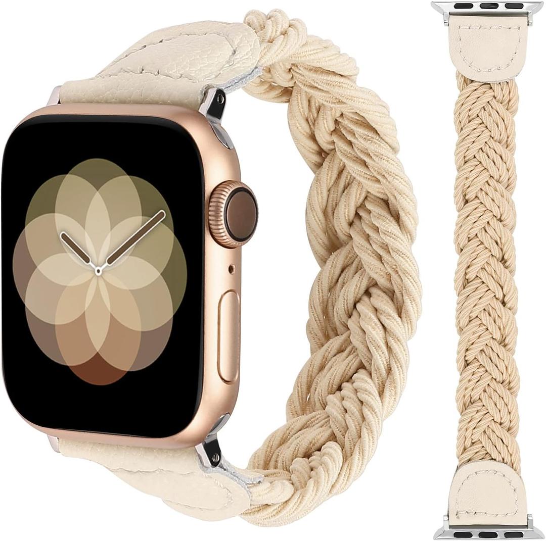 Minyee Compatible with Apple Watch Band Braided 41mm 40mm 38mm 42mm 44mm 45mm 46mm 49mm Women,Solo Loop Stretchy Slim Elastic Woven Cute Bracelet Strap for iWatch Series 10 9 Ultra SE 8 7 6 5 4 3 2 1 (Light Khaki)