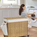 SONGMICS Laundry Hamper with Lid, 42.3 Gallons (160 L), Rolling Laundry Basket with Wheels, 3-Section Synthetic Rattan, Removable Liner, Bedroom, 29.9 x 13 x 26 Inches, Natural ULCB365N01