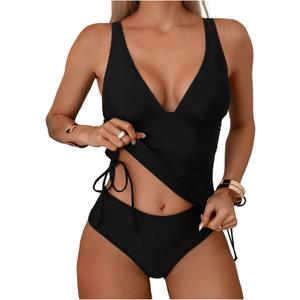SweatyRocks Women's 2 Piece Bathing Suit Tankinis Deep V Neck Drawstring Side Swimsuit Tankini Set (Large, Black)