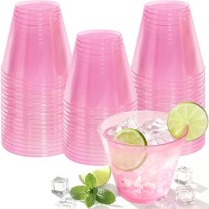 50 Pack Plastic Cups 9 oz Pink Clear Plastic Cups for Cocktail Fancy Disposable Cup for Party Stemless Glasses for Wedding Thanksgiving Christmas Party Graduation