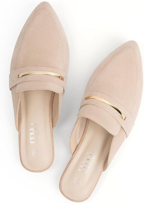 MUSSHOE Comfortable Work Women's Mules - Casual Slip on Black Suede Backless Loafers-Office Business Teacher Dressy Flats 2025 for Professional Women (Nude Microfiber, 9)