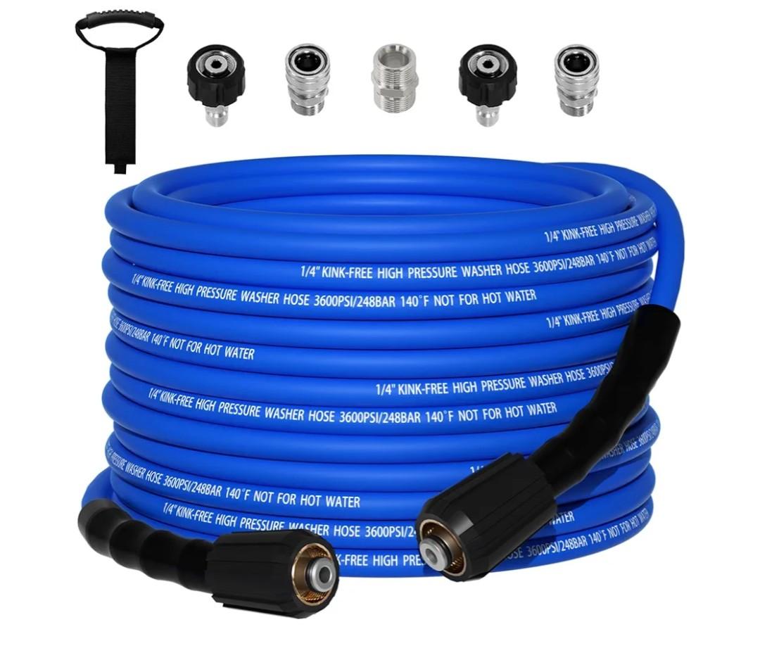 Kink Resistant 1/4" Pressure Washer Hose 50FT，3600PSI Power Washer Hose Replacement（M22-14mm）with 3/8" Quick Connect Adaptor for GreenWorks，Ryobi etc Household High-Pressure Washers
