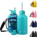 64 Oz Insulated Water Bottle with Strap Stainless Steel Sports Water Bottle with 3 Lids (Straw, Chug and Flip Lid) Leak Proof Metal Half Gallon Jug for Men & Women - Teal