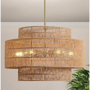 24” Boho Large Rattan Chandelier Light Fixture,6-Light Large Hand Woven Pendant Light Fixture Farmhouse Rustic Chandeliers for Kitchen Bedroom, Dining Room, Living Room, Hallway, Foyer
