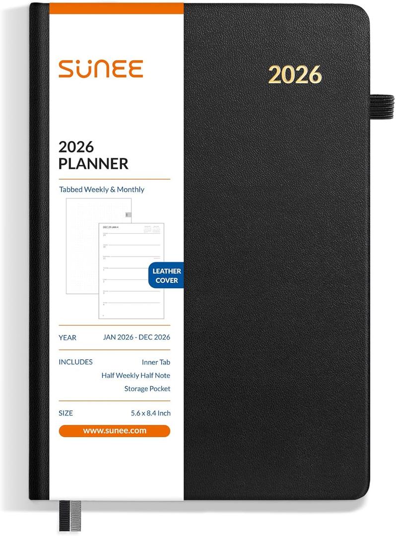 SUNEE 2026 Weekly and Monthly Planner 5.5" x 8.3" (January 2026-December 2026), Half Weekly Half Note, Small Yearly Calendar Planner, Leather Hardcover, 100 GSM Paper, Notes, Inner Pocket, Black