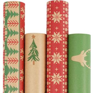 LaRibbons Kraft Christmas Wrapping Paper Set, 30 Inch X 10 Feet (4 Rolls: 100 Sq. Ft. Ttl) Snowflake, Green Tree, Deer Antlers and Gift Box Shapes Design for Xmas, Party, Holiday, Celebration