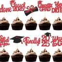 100 Pcs Graduation Cupcake Toppers Congrats Grad Class of 2025 Graduation Cupcake Picks Toppers Diploma Supplies for Party Decorations(Black, Red)