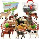 BOLZRA Farm Animal Figurines, Realistic Plastic Animals Toys with Fences Building Blocks, Farm Figures Playset Educational Christmas Birthday Gift for Kids & Toddlers, 53 PCS