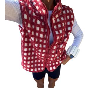 Women Checkered Sherpa Fleece Vest Zip Up Sleeveless Jacket (Medium)